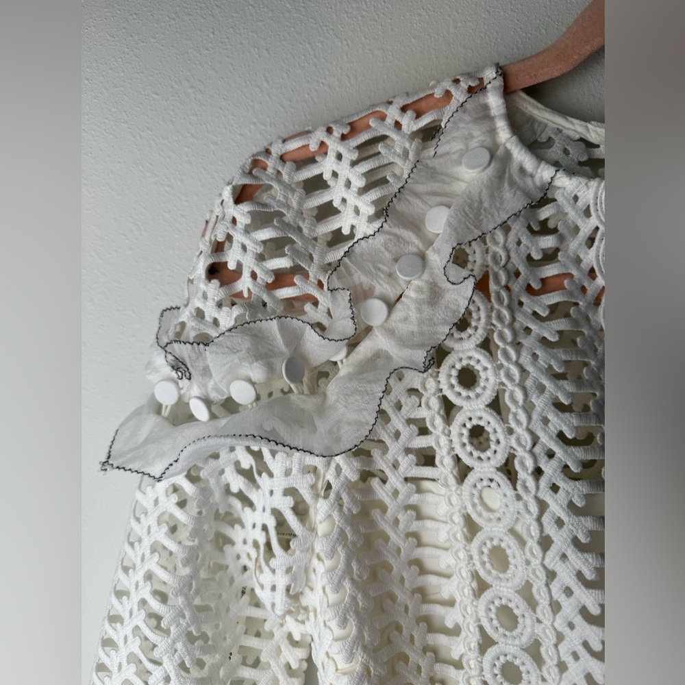 SELF-PORTRAIT White Blue Frill Shoulder Panel Lace Mini Dress US4/UK8 - Picture 7 of 12